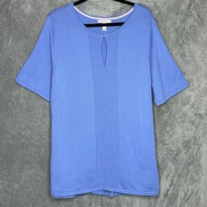 Isaac Mizrahi XL Shirt Top Blue Solid Short Sleeve Keyhole Scoop Neck Cotton